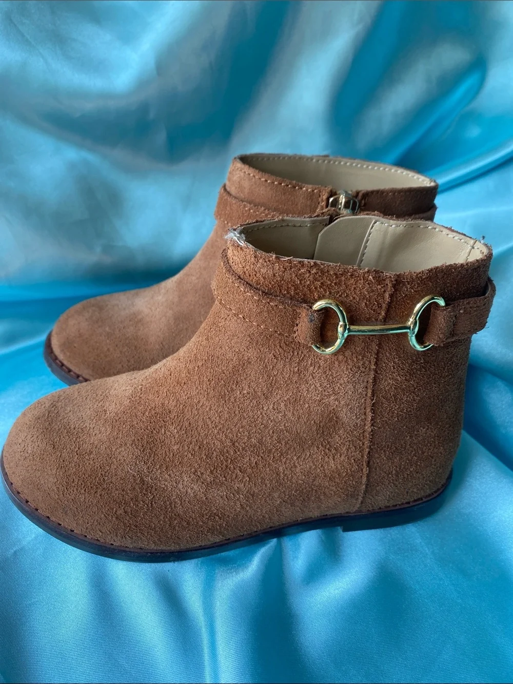 Janie and Jack Brown Suede Ankle Boots with Gold Accent